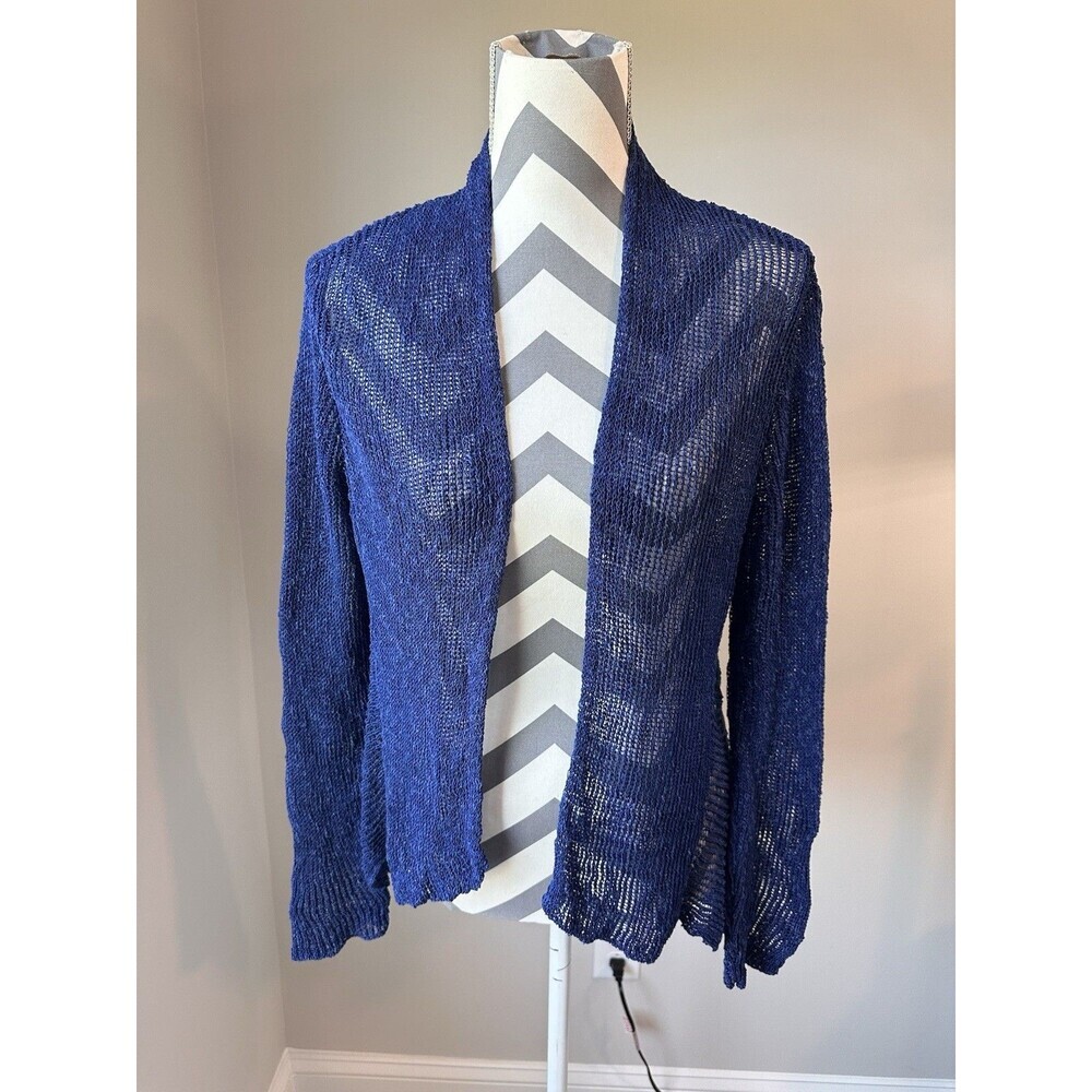 Eileen Fisher Navy Blue Open Knit Ruffle Linen Blend Cardigan Sweater Large